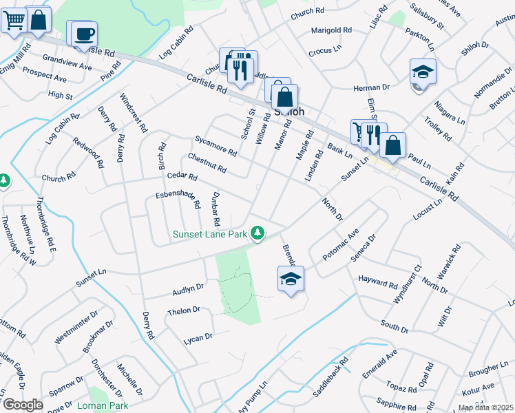 map of restaurants, bars, coffee shops, grocery stores, and more near 2354 Manor Road in York