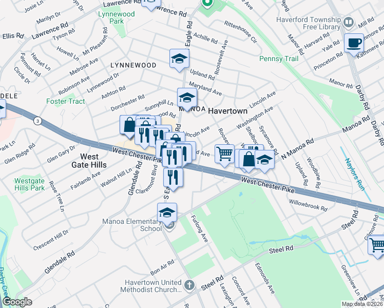 map of restaurants, bars, coffee shops, grocery stores, and more near 1212 Garfield Avenue in Havertown