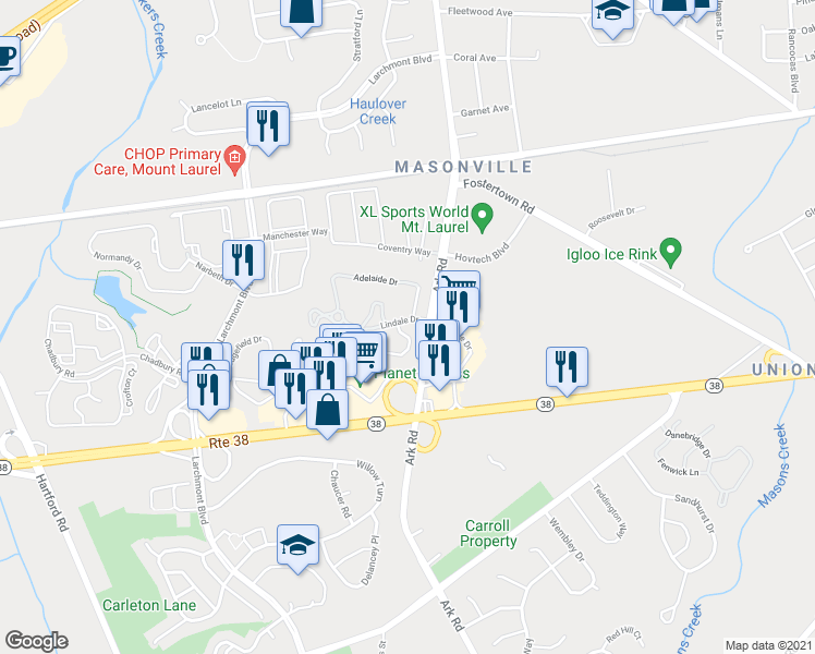 map of restaurants, bars, coffee shops, grocery stores, and more near 101A Thornwood Drive in Mount Laurel Township