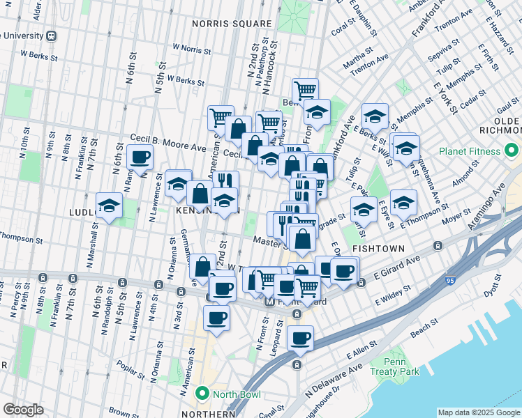 map of restaurants, bars, coffee shops, grocery stores, and more near 1519 North Mascher Street in Philadelphia