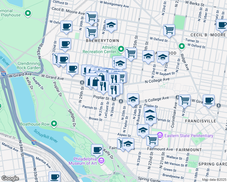 map of restaurants, bars, coffee shops, grocery stores, and more near 938 North 26th Street in Philadelphia
