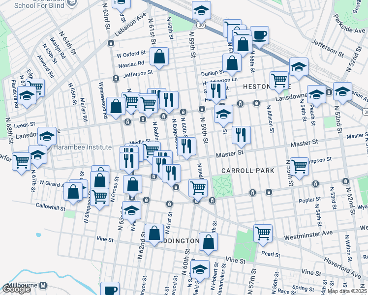 map of restaurants, bars, coffee shops, grocery stores, and more near 1436 North 60th Street in Philadelphia