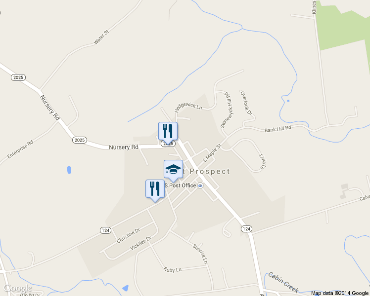 map of restaurants, bars, coffee shops, grocery stores, and more near 25 North Main Street in East Prospect