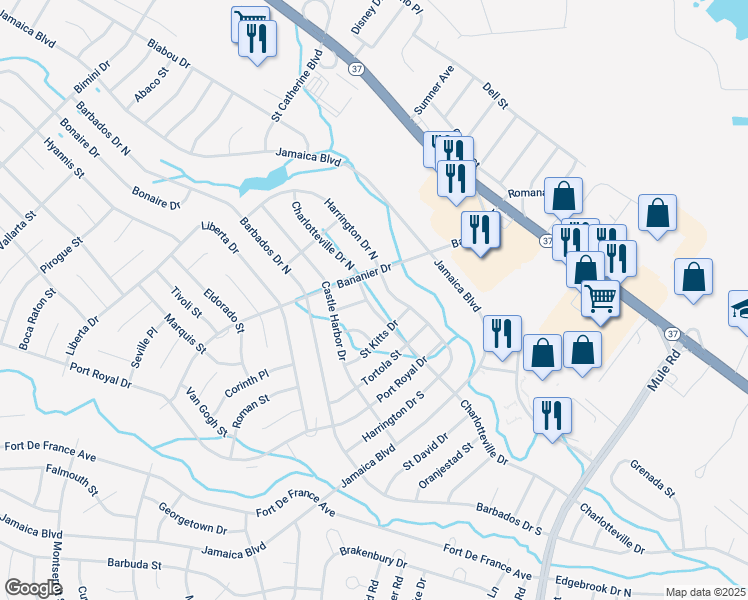 map of restaurants, bars, coffee shops, grocery stores, and more near 214 Charlotteville Drive North in Toms River