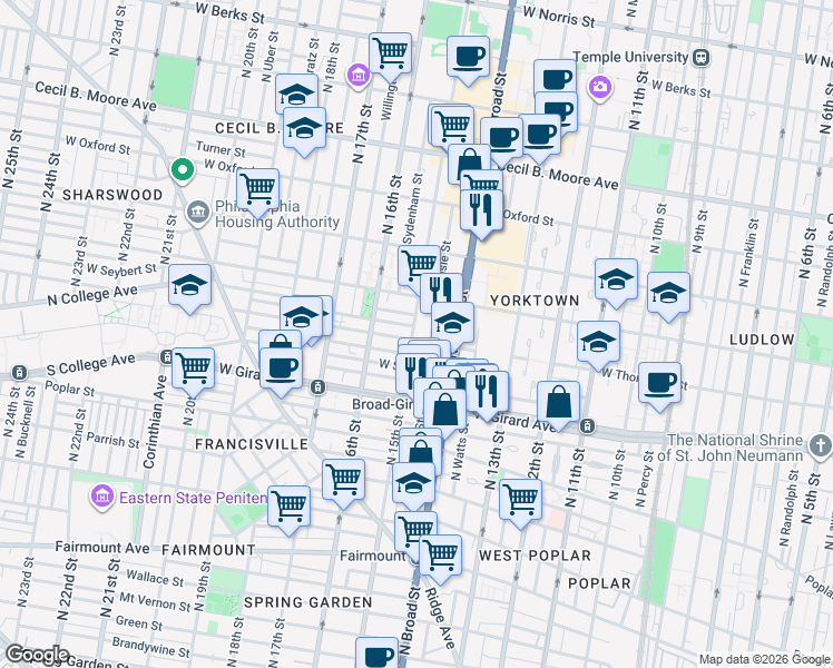 map of restaurants, bars, coffee shops, grocery stores, and more near 1303 North 15th Street in Philadelphia