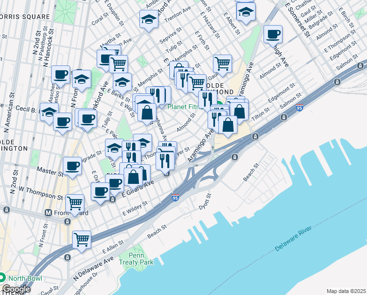 map of restaurants, bars, coffee shops, grocery stores, and more near 1237 East Fletcher Street in Philadelphia