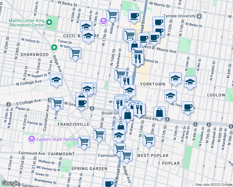 map of restaurants, bars, coffee shops, grocery stores, and more near 1303 North 15th Street in Philadelphia