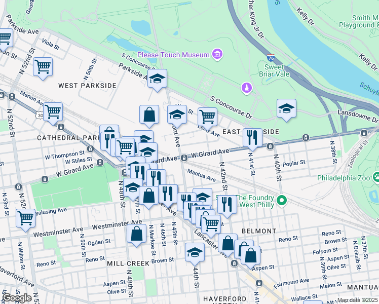 map of restaurants, bars, coffee shops, grocery stores, and more near 4253 West Girard Avenue in Philadelphia