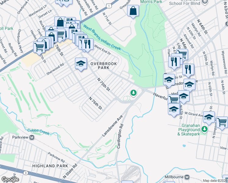 map of restaurants, bars, coffee shops, grocery stores, and more near 7474 Rhoads Street in Philadelphia