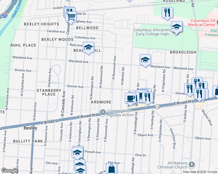 map of restaurants, bars, coffee shops, grocery stores, and more near 131 Denver Avenue in Bexley