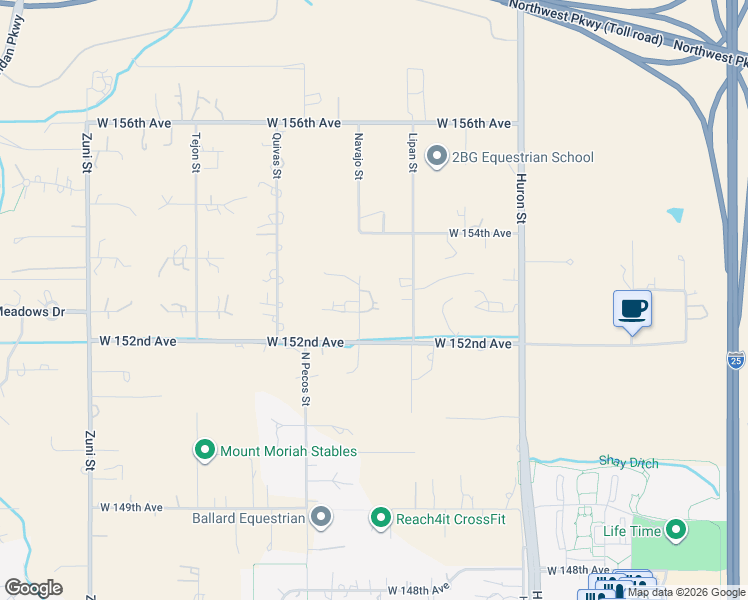 map of restaurants, bars, coffee shops, grocery stores, and more near 15285 Lipan Street in Broomfield