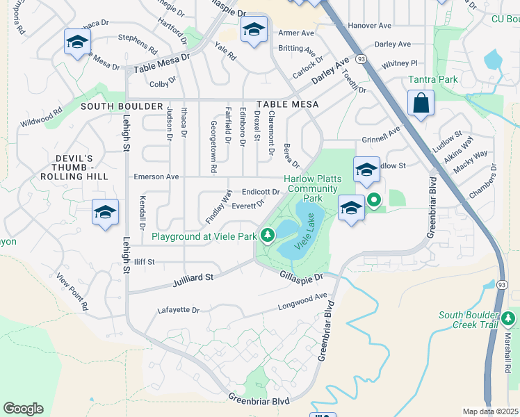 map of restaurants, bars, coffee shops, grocery stores, and more near 3510 Everett Drive in Boulder