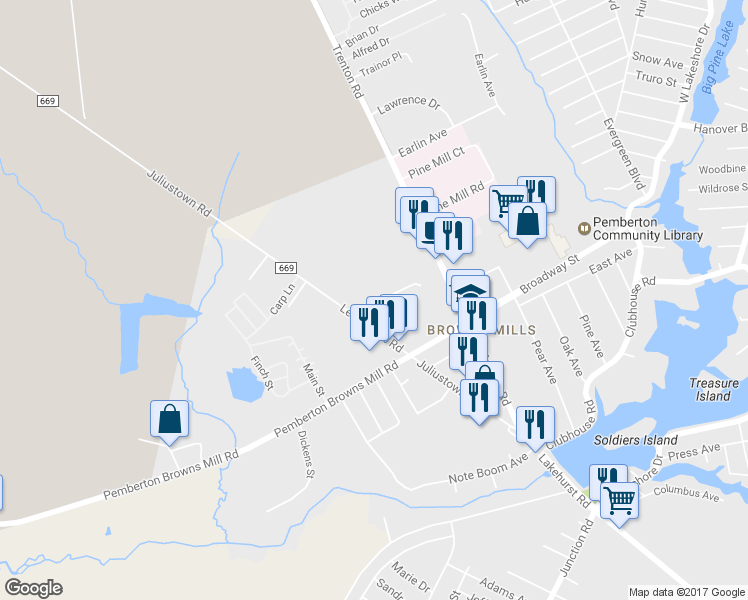 map of restaurants, bars, coffee shops, grocery stores, and more near 7 Crescent Drive in Pemberton Township