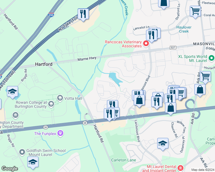 map of restaurants, bars, coffee shops, grocery stores, and more near 2515C Sussex Court in Mount Laurel Township