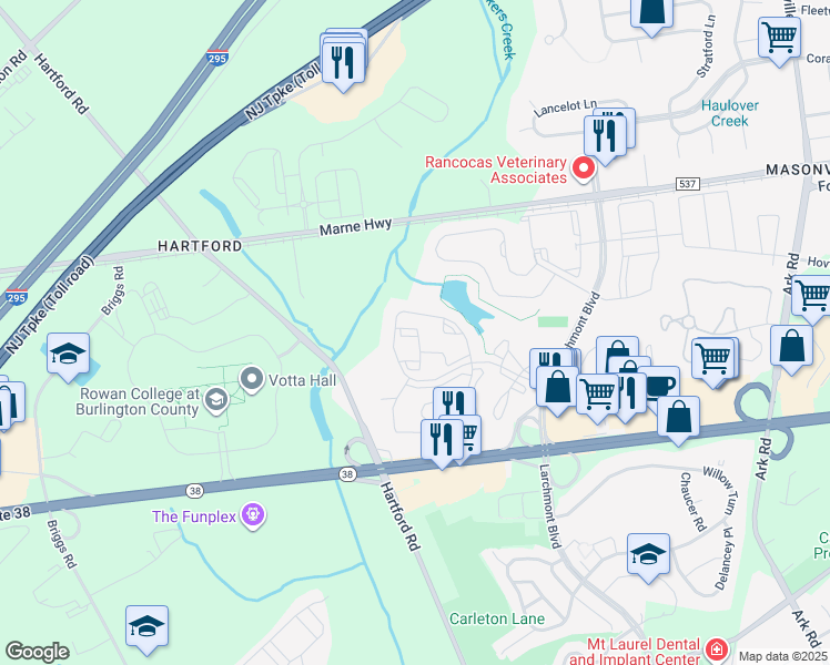 map of restaurants, bars, coffee shops, grocery stores, and more near 2206A Durham Court in Mount Laurel Township