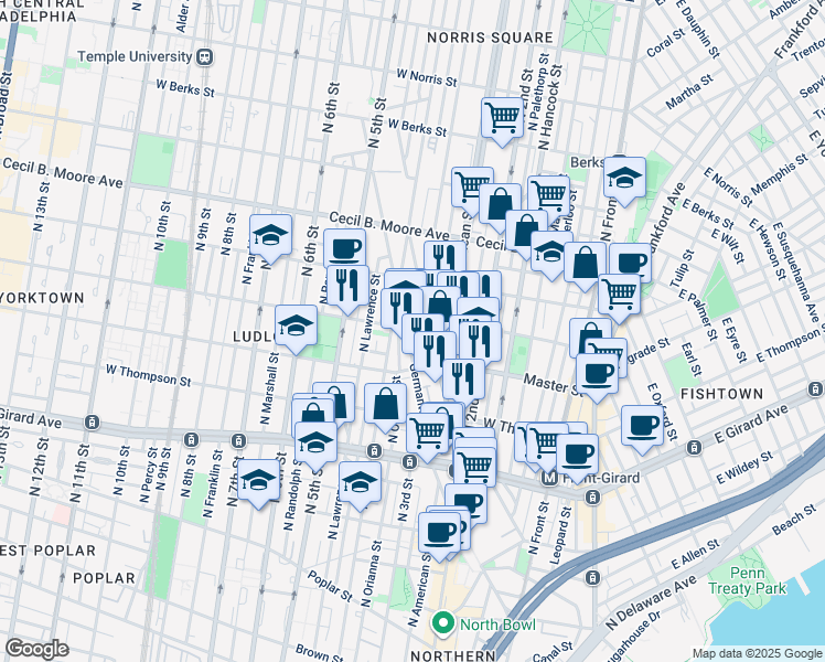 map of restaurants, bars, coffee shops, grocery stores, and more near 1432 Cadwallader Street in Philadelphia