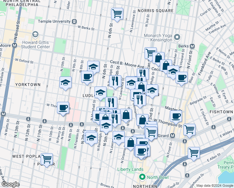 map of restaurants, bars, coffee shops, grocery stores, and more near 1435 North 5th Street in Philadelphia