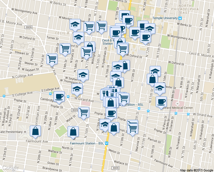 map of restaurants, bars, coffee shops, grocery stores, and more near 1303 North 15th Street in Philadelphia