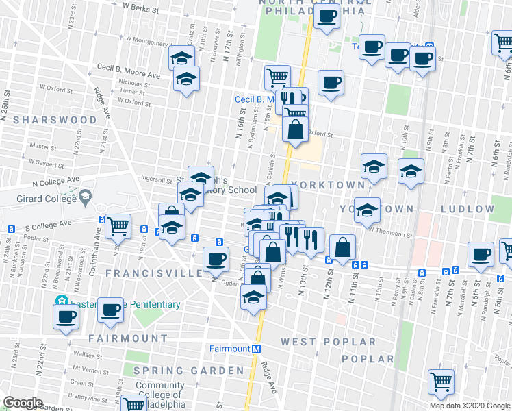 map of restaurants, bars, coffee shops, grocery stores, and more near 1303 North 15th Street in Philadelphia