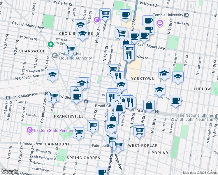 map of restaurants, bars, coffee shops, grocery stores, and more near 1303 North 15th Street in Philadelphia