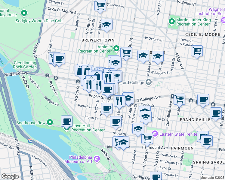 map of restaurants, bars, coffee shops, grocery stores, and more near 2511 West Girard Avenue in Philadelphia