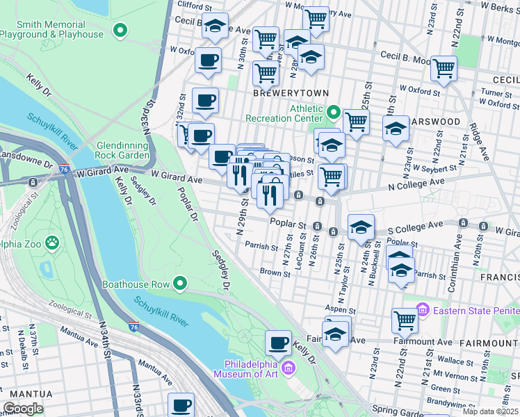 map of restaurants, bars, coffee shops, grocery stores, and more near 2834 Cambridge Street in Philadelphia