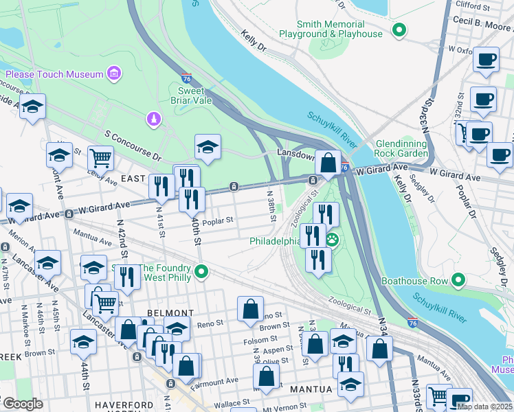 map of restaurants, bars, coffee shops, grocery stores, and more near 3803 Poplar Street in Philadelphia
