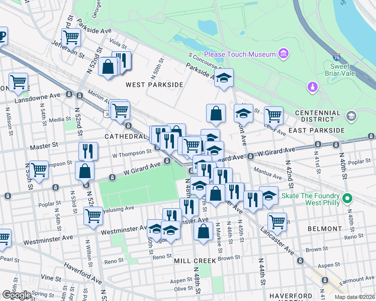 map of restaurants, bars, coffee shops, grocery stores, and more near 4819 Merion Avenue in Philadelphia