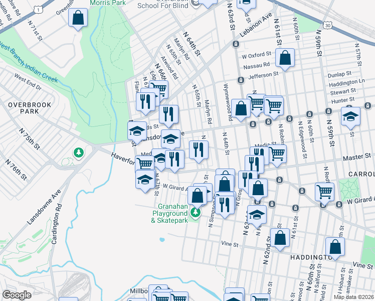 map of restaurants, bars, coffee shops, grocery stores, and more near 655 Kenmore Road in Philadelphia