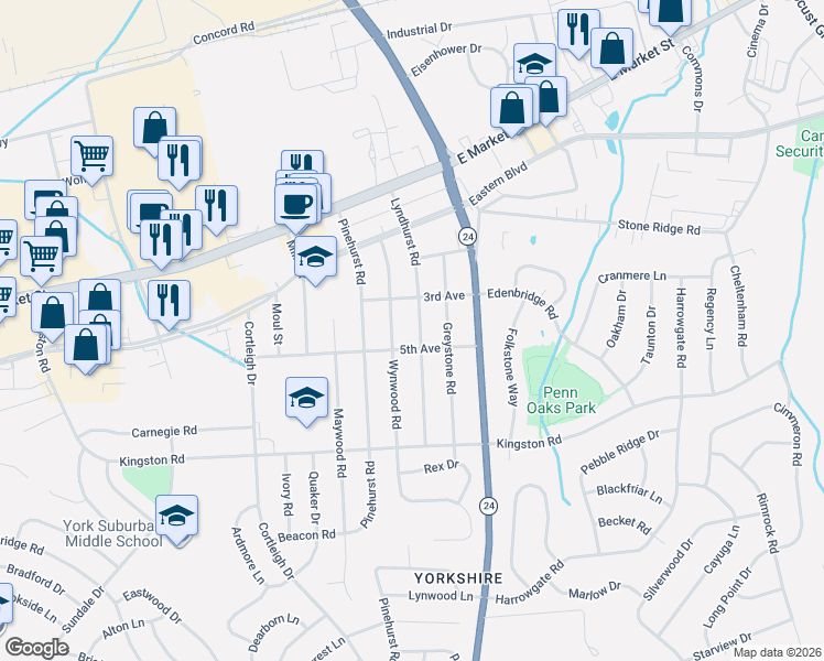 map of restaurants, bars, coffee shops, grocery stores, and more near 215 Lyndhurst Road in East York