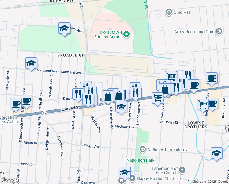 map of restaurants, bars, coffee shops, grocery stores, and more near 47 North Hampton Road in Columbus