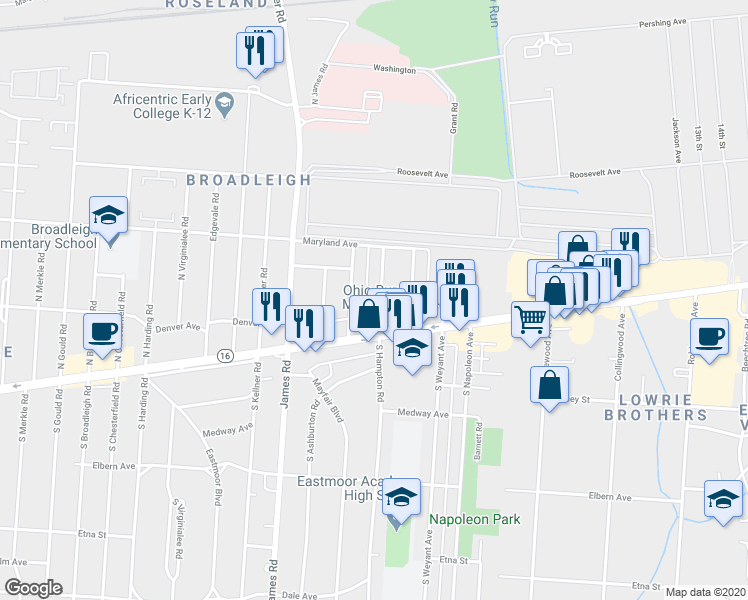 map of restaurants, bars, coffee shops, grocery stores, and more near 47 North Hampton Road in Columbus