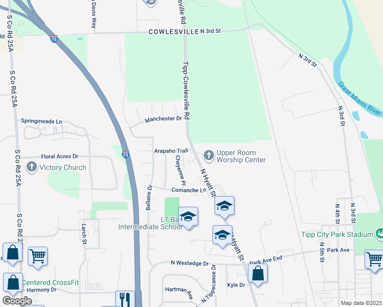 map of restaurants, bars, coffee shops, grocery stores, and more near 675 North Hyatt Street in Tipp City
