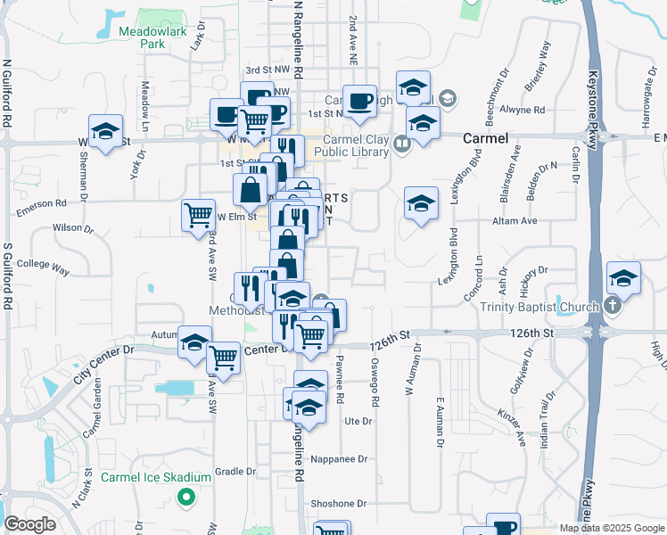 map of restaurants, bars, coffee shops, grocery stores, and more near 501 1st Avenue Southeast in Carmel