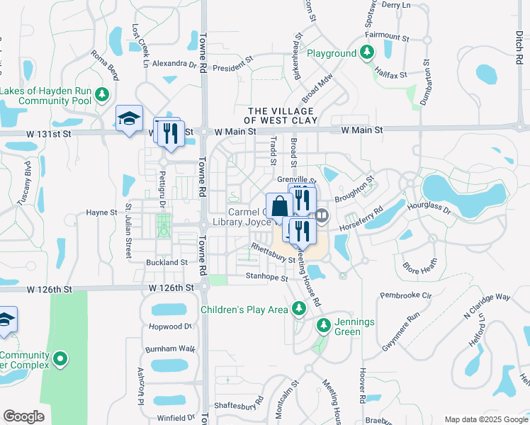 map of restaurants, bars, coffee shops, grocery stores, and more near 12840 University Crescent in Carmel