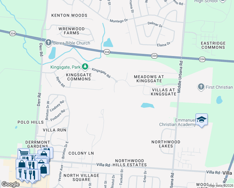 map of restaurants, bars, coffee shops, grocery stores, and more near 3516 Kingsgate Court in Springfield