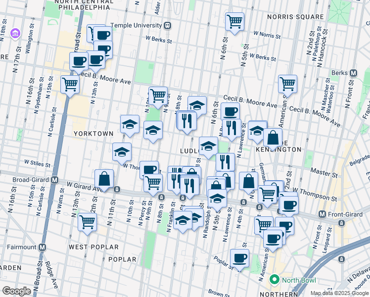 map of restaurants, bars, coffee shops, grocery stores, and more near 1419 North Franklin Street in Philadelphia