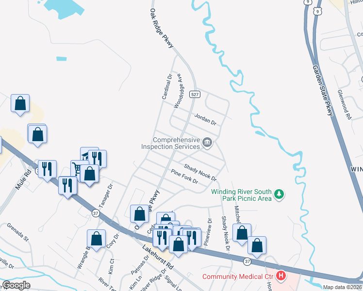 map of restaurants, bars, coffee shops, grocery stores, and more near 66 Oak Ridge Parkway in Toms River