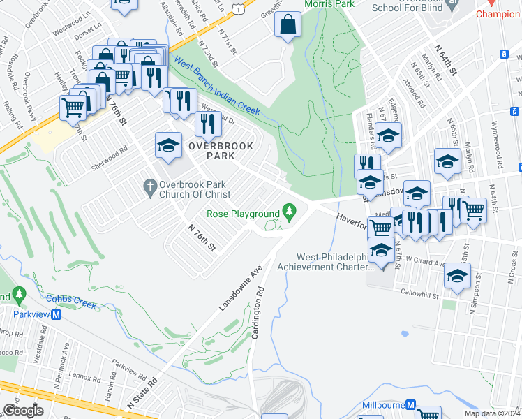 map of restaurants, bars, coffee shops, grocery stores, and more near 7451 Brockton Road in Philadelphia