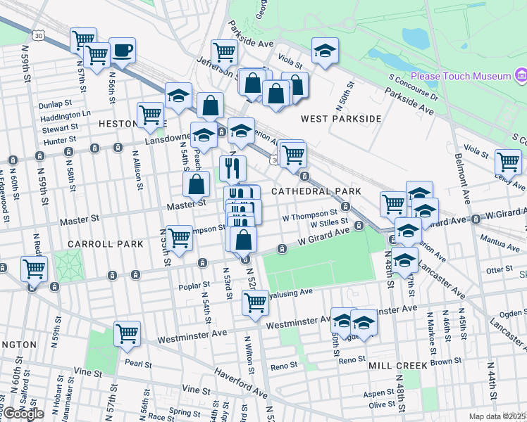 map of restaurants, bars, coffee shops, grocery stores, and more near 5126 Kershaw Street in Philadelphia