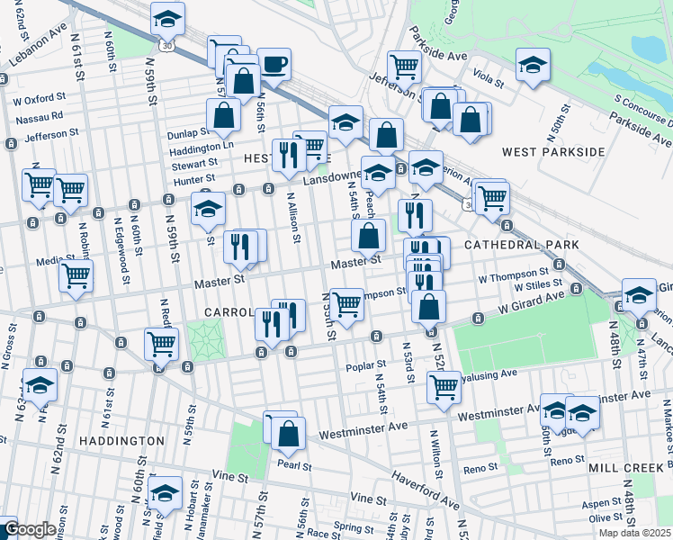 map of restaurants, bars, coffee shops, grocery stores, and more near 5432 Master Street in Philadelphia