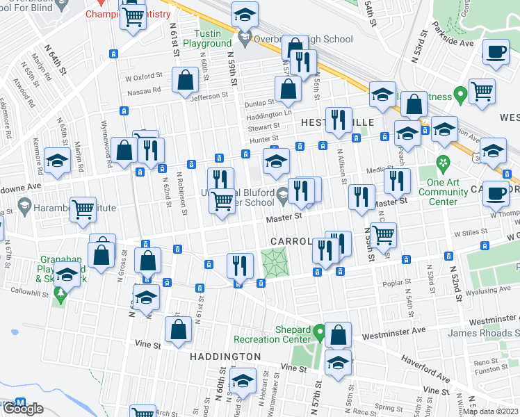 map of restaurants, bars, coffee shops, grocery stores, and more near 1424 North Hobart Street in Philadelphia
