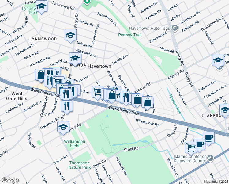 map of restaurants, bars, coffee shops, grocery stores, and more near 125 Wilson Avenue in Havertown