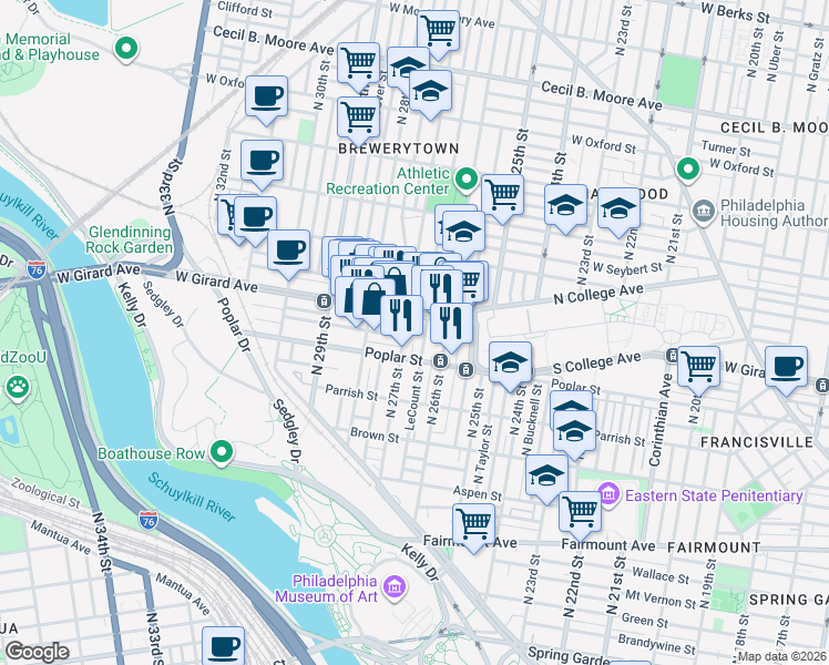 map of restaurants, bars, coffee shops, grocery stores, and more near 2630 West Girard Avenue in Philadelphia