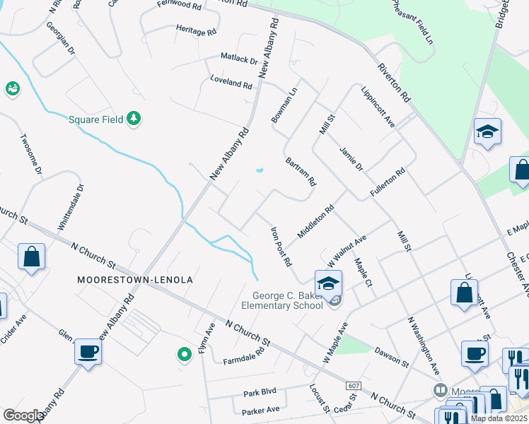 map of restaurants, bars, coffee shops, grocery stores, and more near 508 Bartram Road in Moorestown