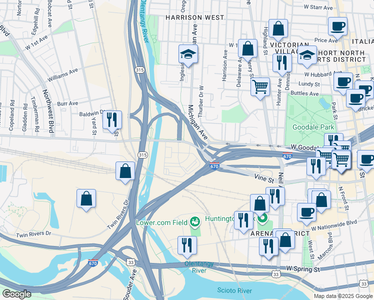 map of restaurants, bars, coffee shops, grocery stores, and more near 537 West Goodale Street in Columbus