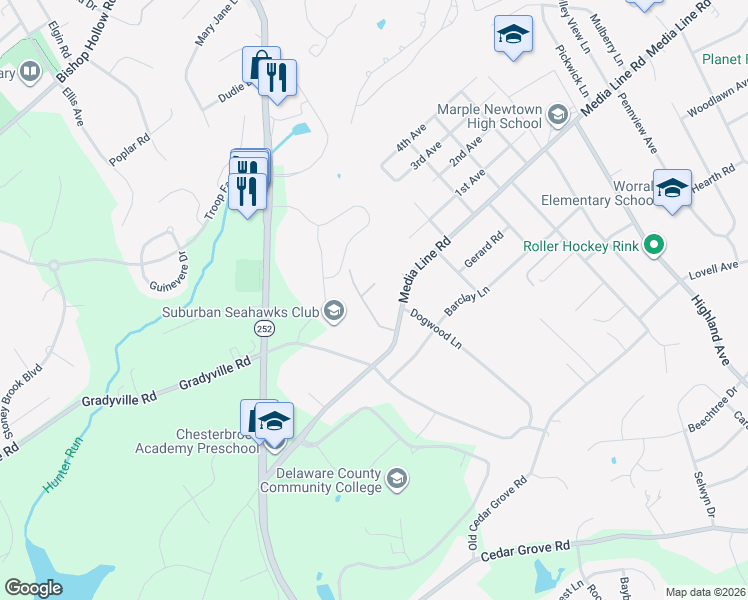 map of restaurants, bars, coffee shops, grocery stores, and more near 411 Dogwood Lane in Newtown Square