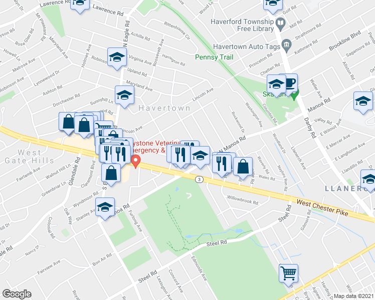 map of restaurants, bars, coffee shops, grocery stores, and more near 125 Wilson Avenue in Havertown