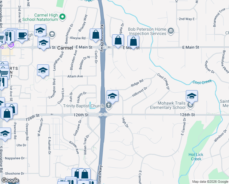 map of restaurants, bars, coffee shops, grocery stores, and more near 524 High Drive in Carmel