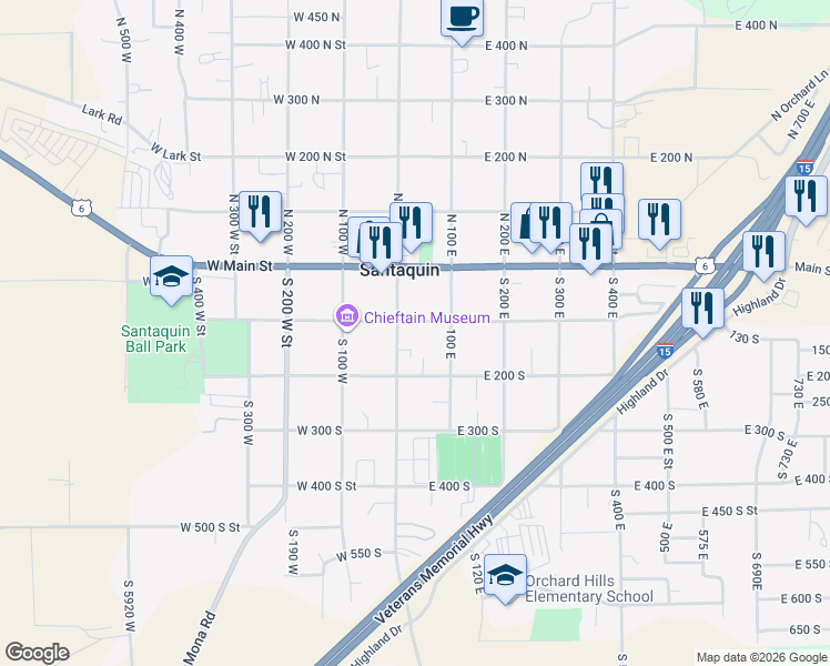 map of restaurants, bars, coffee shops, grocery stores, and more near 24 East 100 North Street in Santaquin